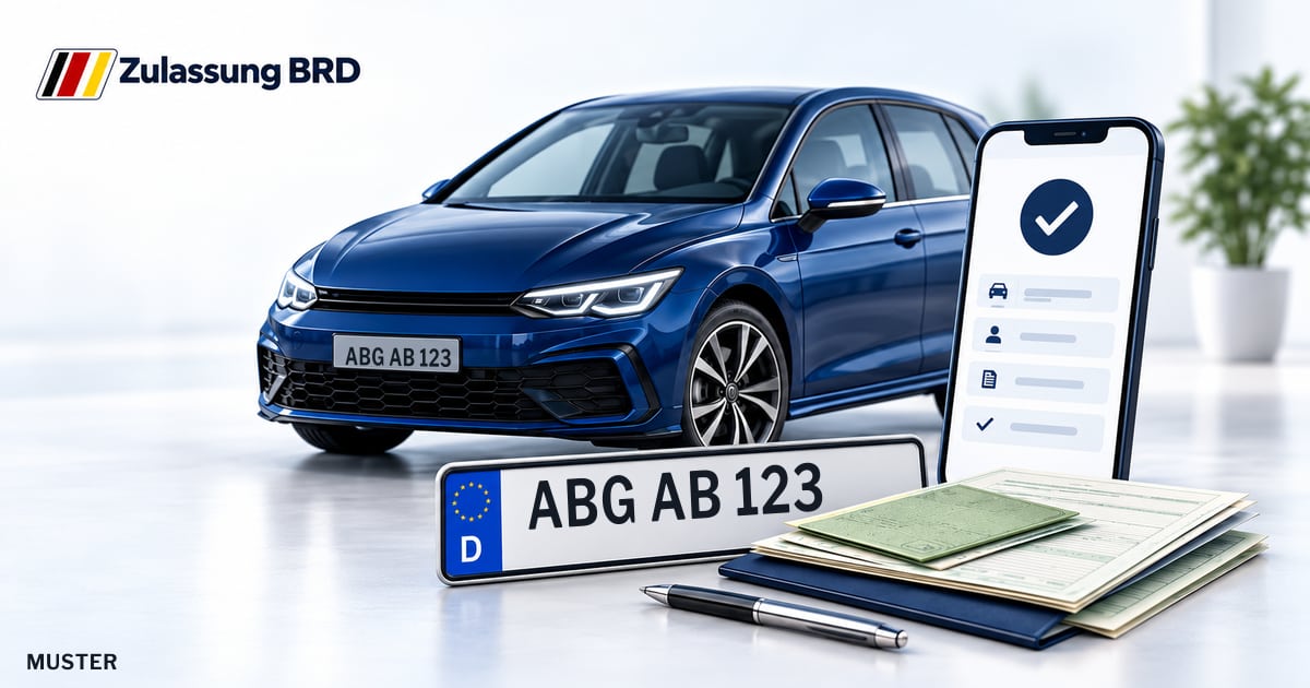 Online Fahrzeugzulassung in Meuselwitz: Musterkennzeichen ABG AB 123, Auto und Fahrzeugpapiere und Smartphone. Illustration mit Logo von Zulassung BRD.